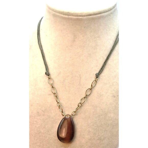 Brown Teardrop Pendant Necklace With Gold Chain & Green Cord - Picture 2 of 3